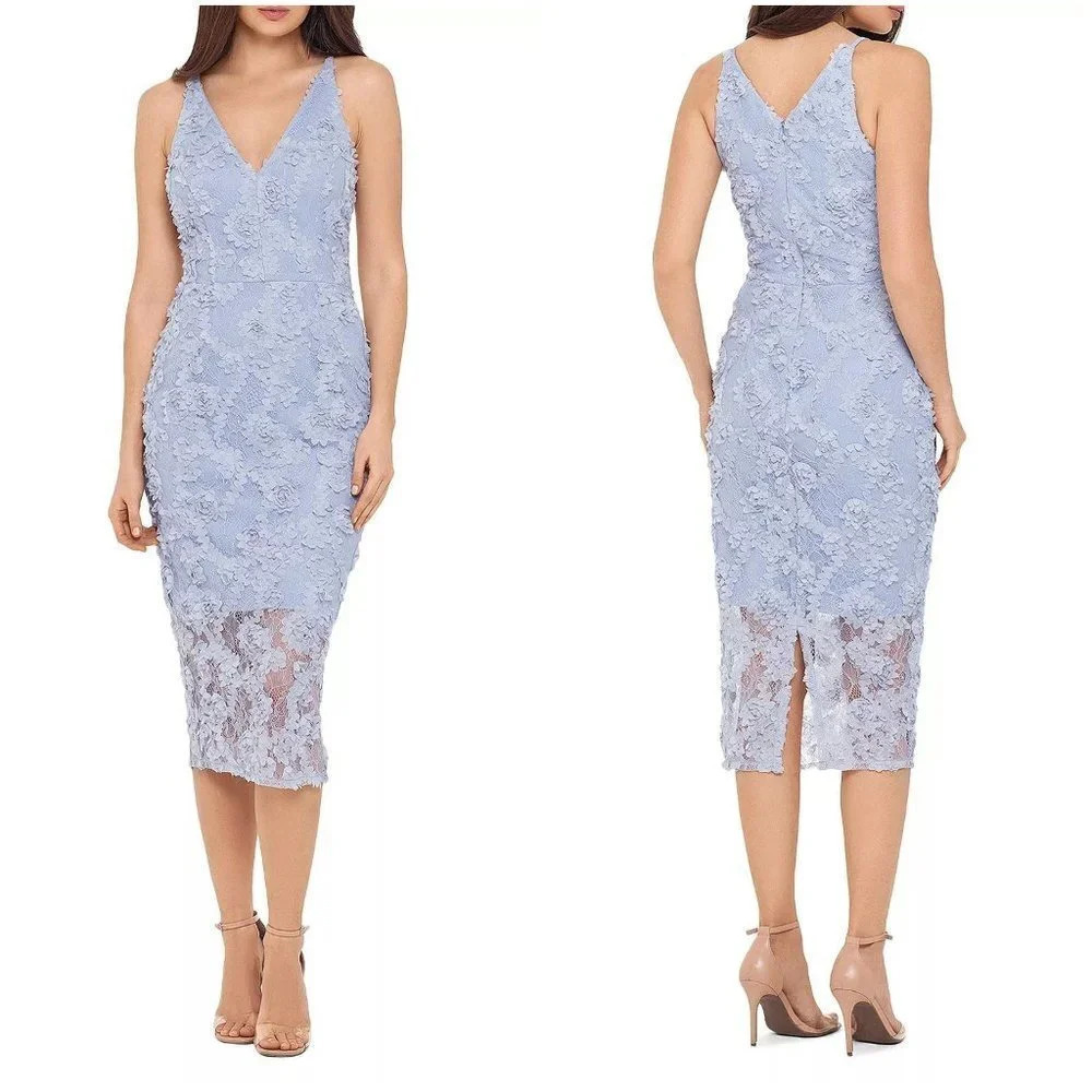 NWT Xscape Lilac Gray 3D Floral Lace Midi Dress $219